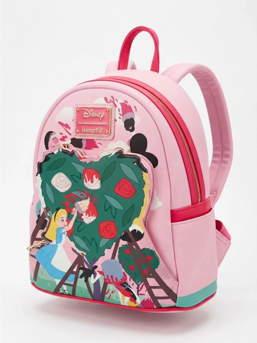 Loungefly Pink Alice in Wonderland Mini Backpack with Green & Red Accents